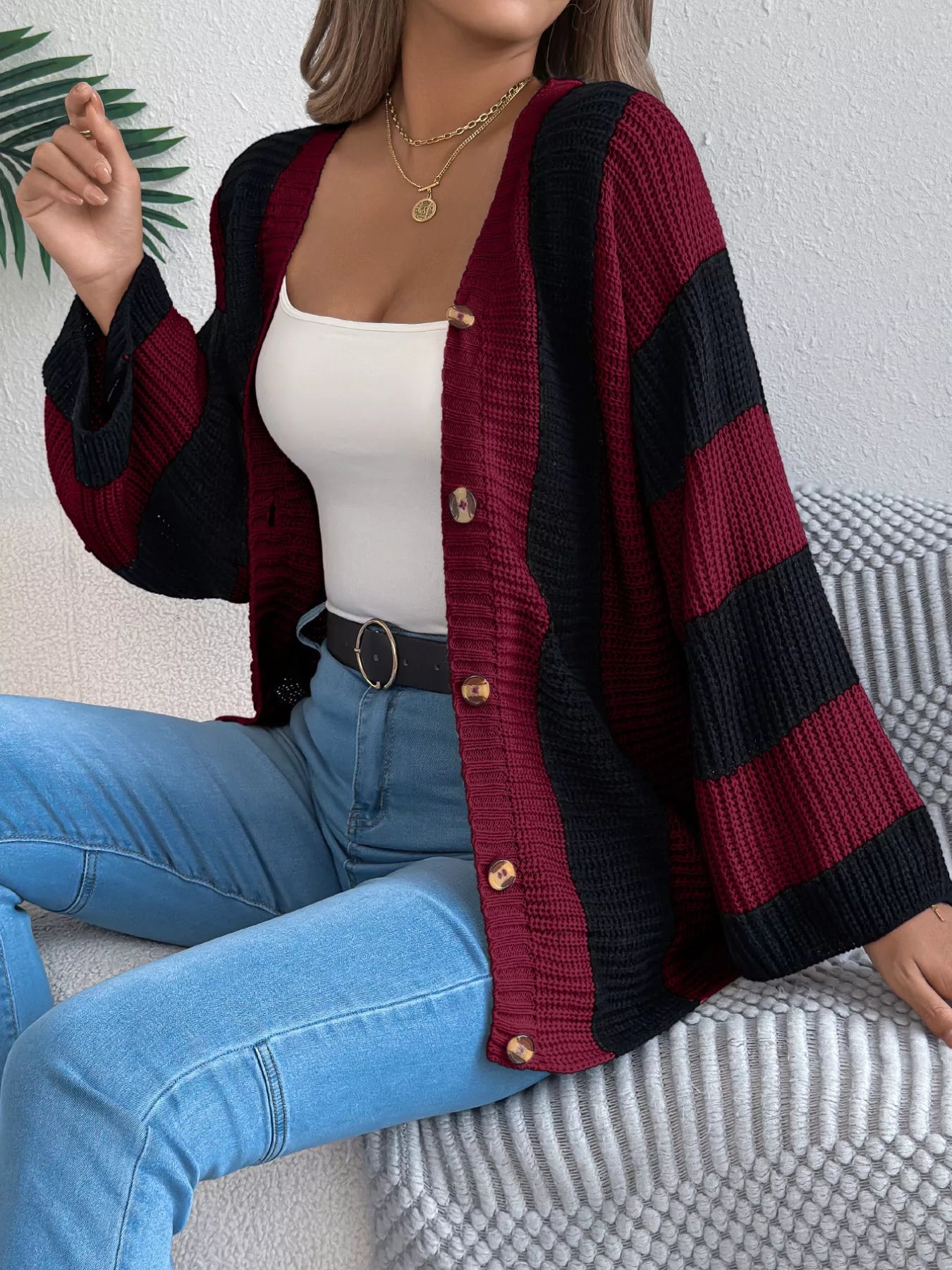 Color Block Button-Up Cardigan Burgundy