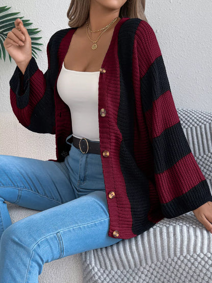 Color Block Button-Up Cardigan Burgundy
