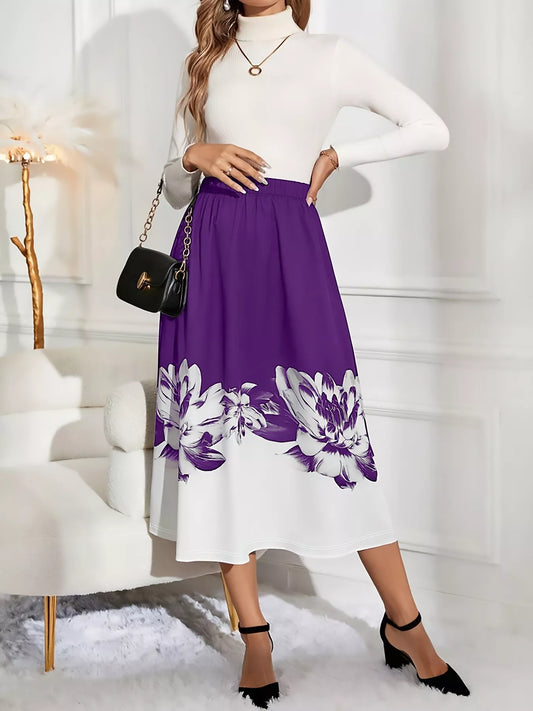 Floral Print A-Line Midi Skirt Purple