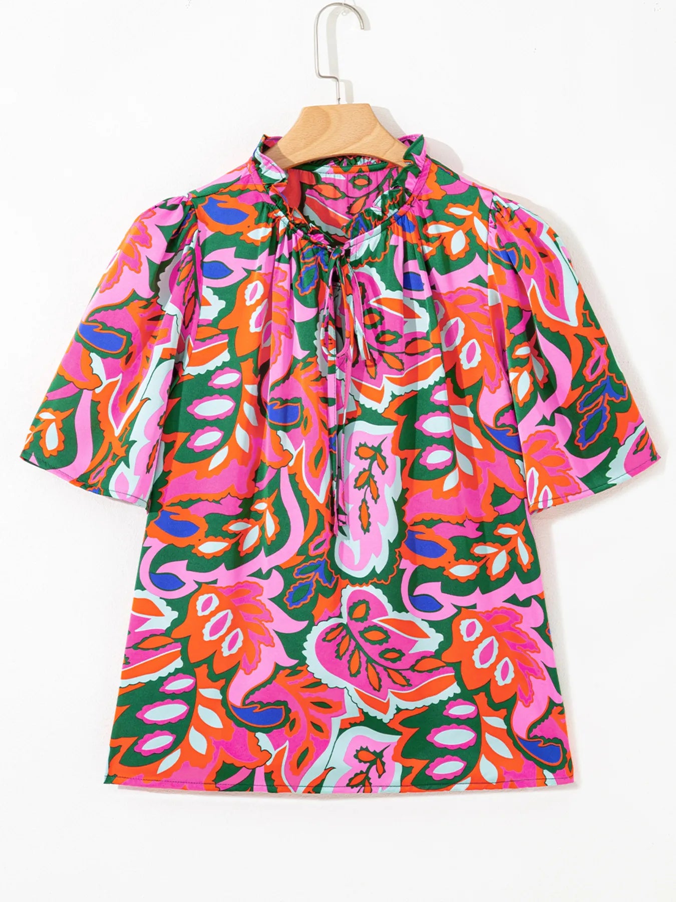 Tropical Print Short Sleeve Tie Neck Blouse