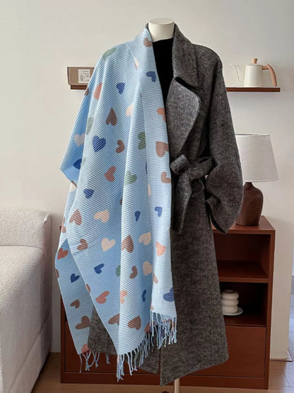 Heart Patterned Tassel Scarf Sky Blue One Size