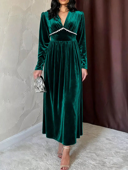 Velvet V-Neck Long Sleeve Maxi Dress Green