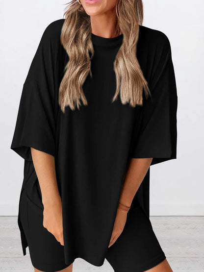 Full Size Oversized Slit Round Neck Top and Shorts Lounge Set Plus Size