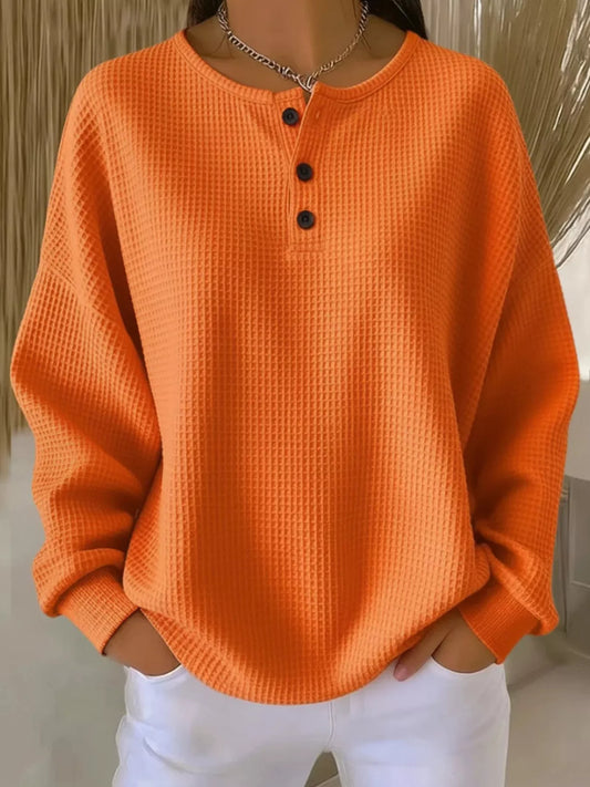 Full Size Waffle Knit Button Detail Top Plus Size Orange