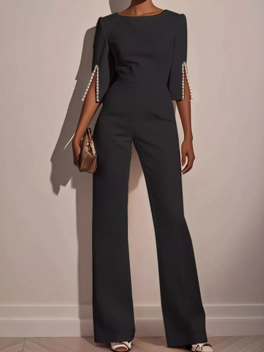 Wide-Leg Jumpsuit with Slit Sleeve Black