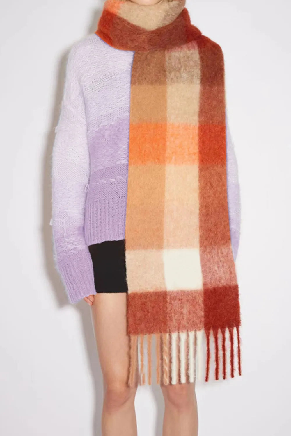 Thermal Fringe Contrast Plaid Scarf Orange White grid One Size