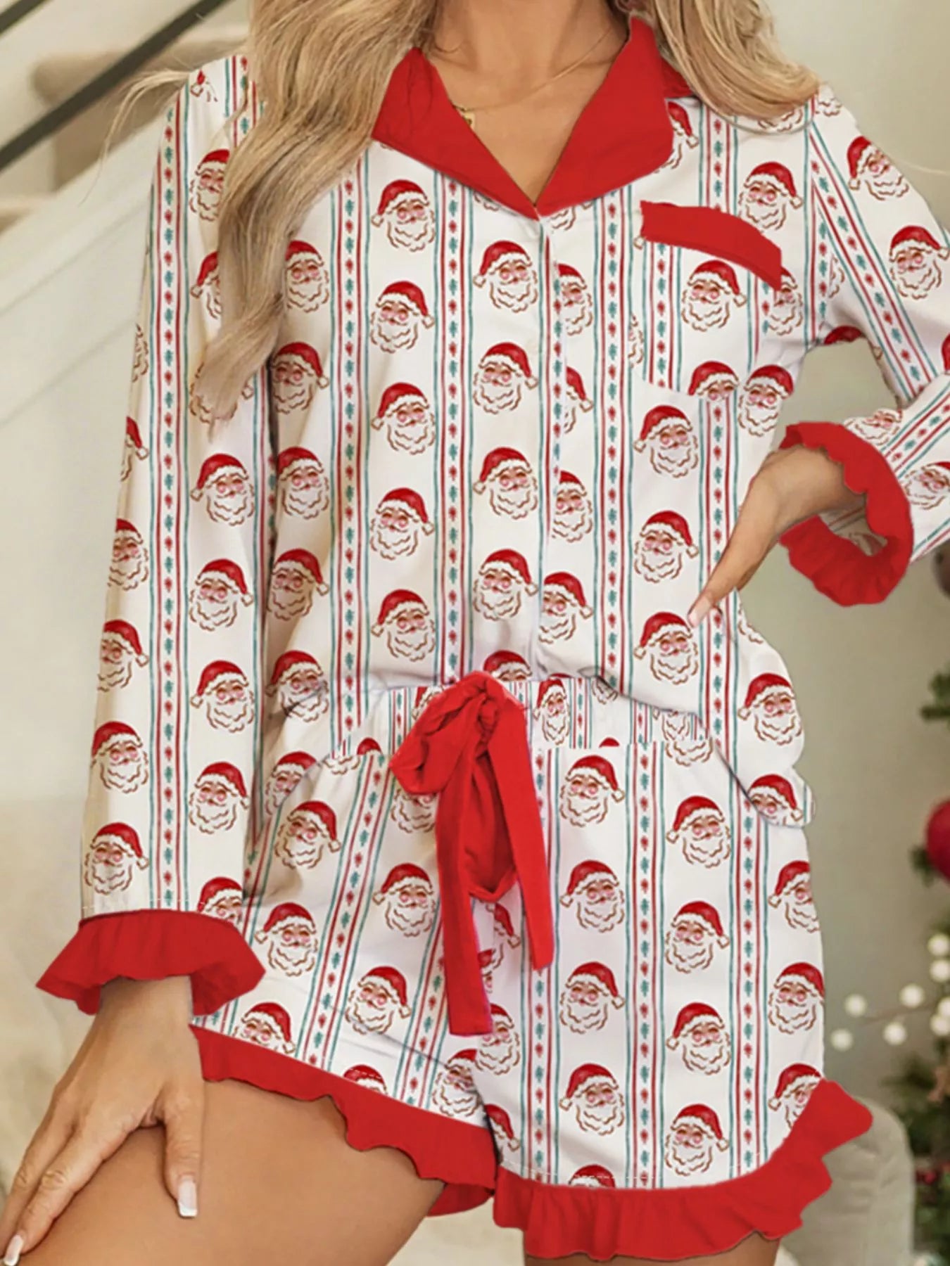 Christmas Santa & Stripes Ruffle Top and Shorts Set Deep Red