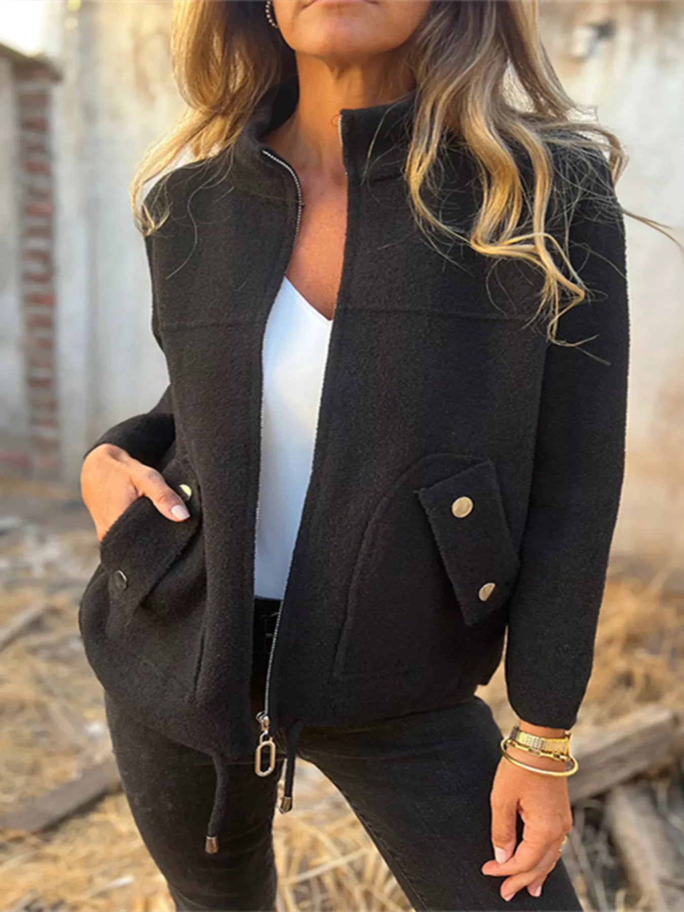 Full Size Zip-Up Long Sleeve Outerwear Plus Size Black