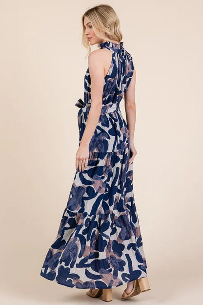 Lime 'N' Chili Abstract Halter Neck Tie-Waist Tiered Maxi Dress