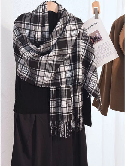 Plaid Tassel Hem Winter Scarf