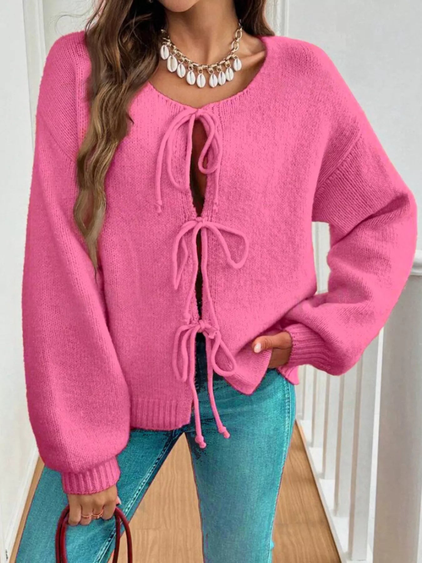 Tie-Front Long Sleeve Cardigan Rose Pink