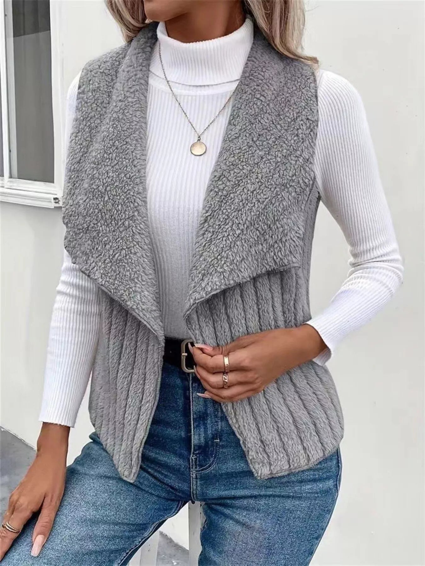 Cozy Fleece Open Front Vest Coat Gray