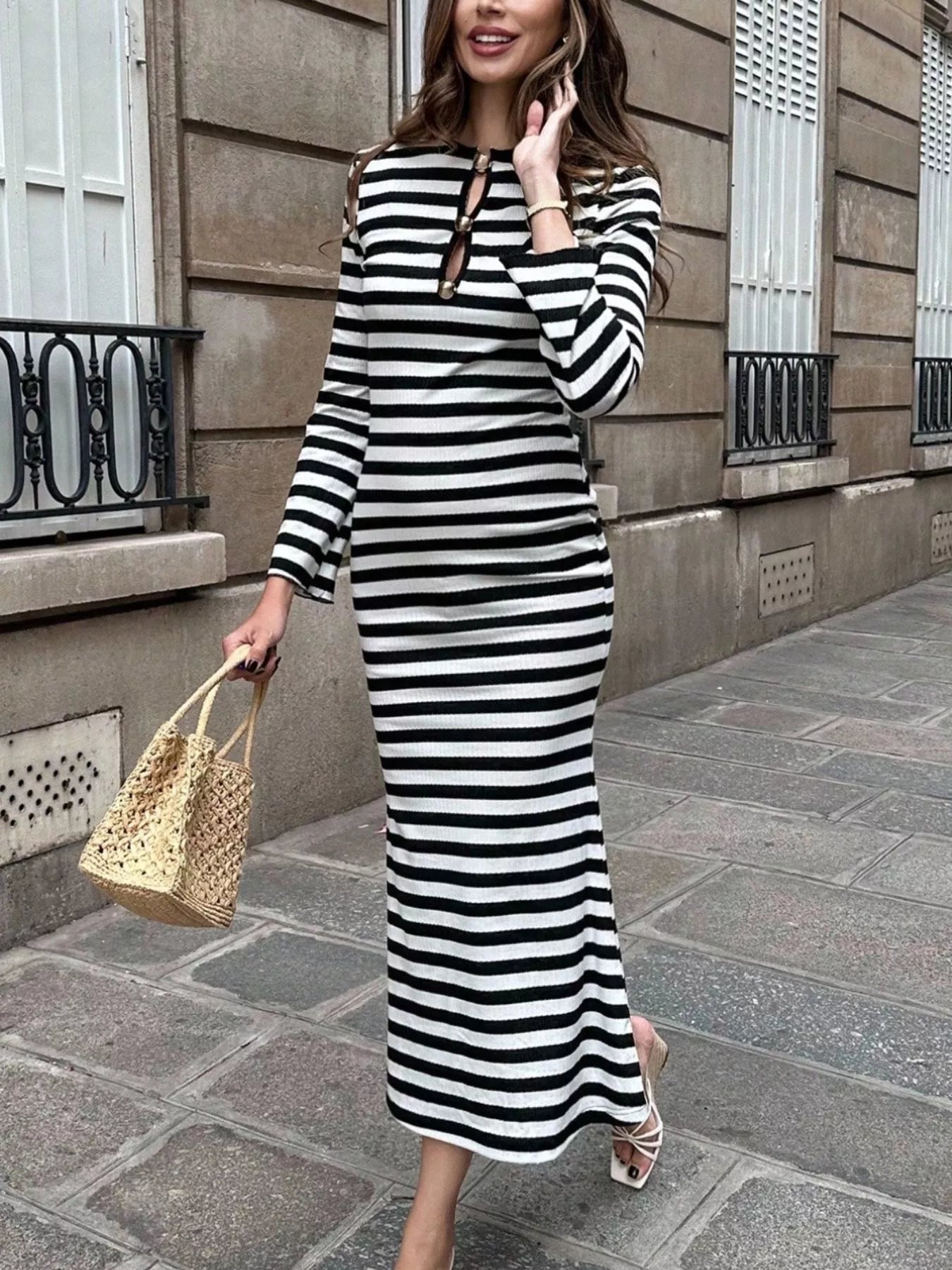 Striped Metal Buckle Bodycon Midi Dress Stripe
