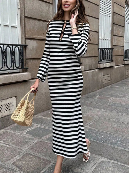 Striped Metal Buckle Bodycon Midi Dress Stripe