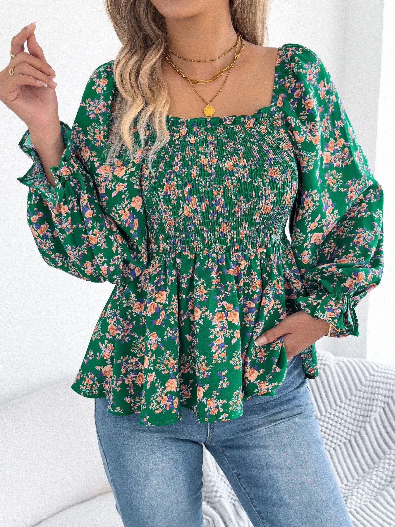 Full Size Floral Print Smocked Long Sleeve Blouse Plus Size