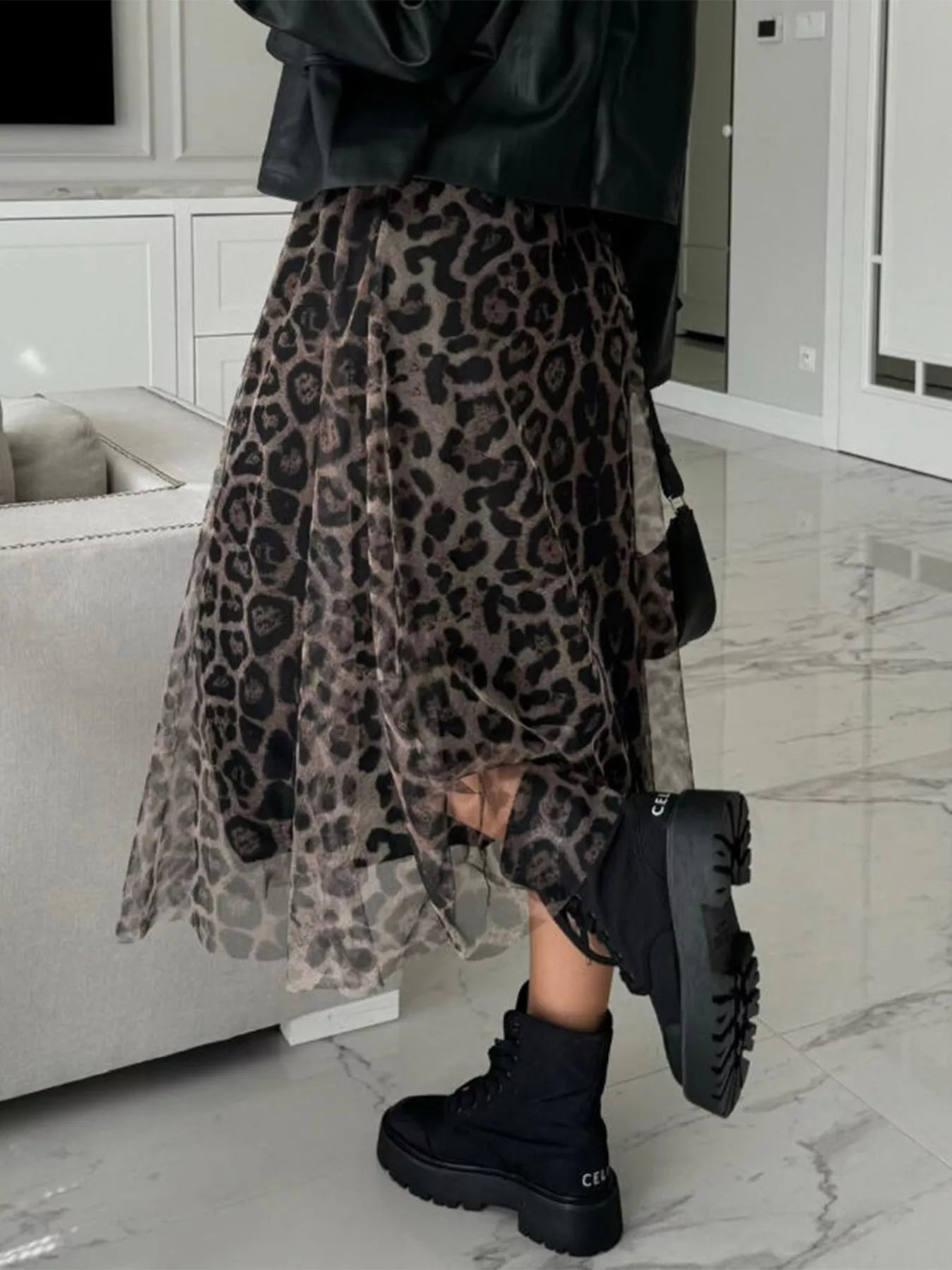 Leopard Print Tulle Midi Skirt