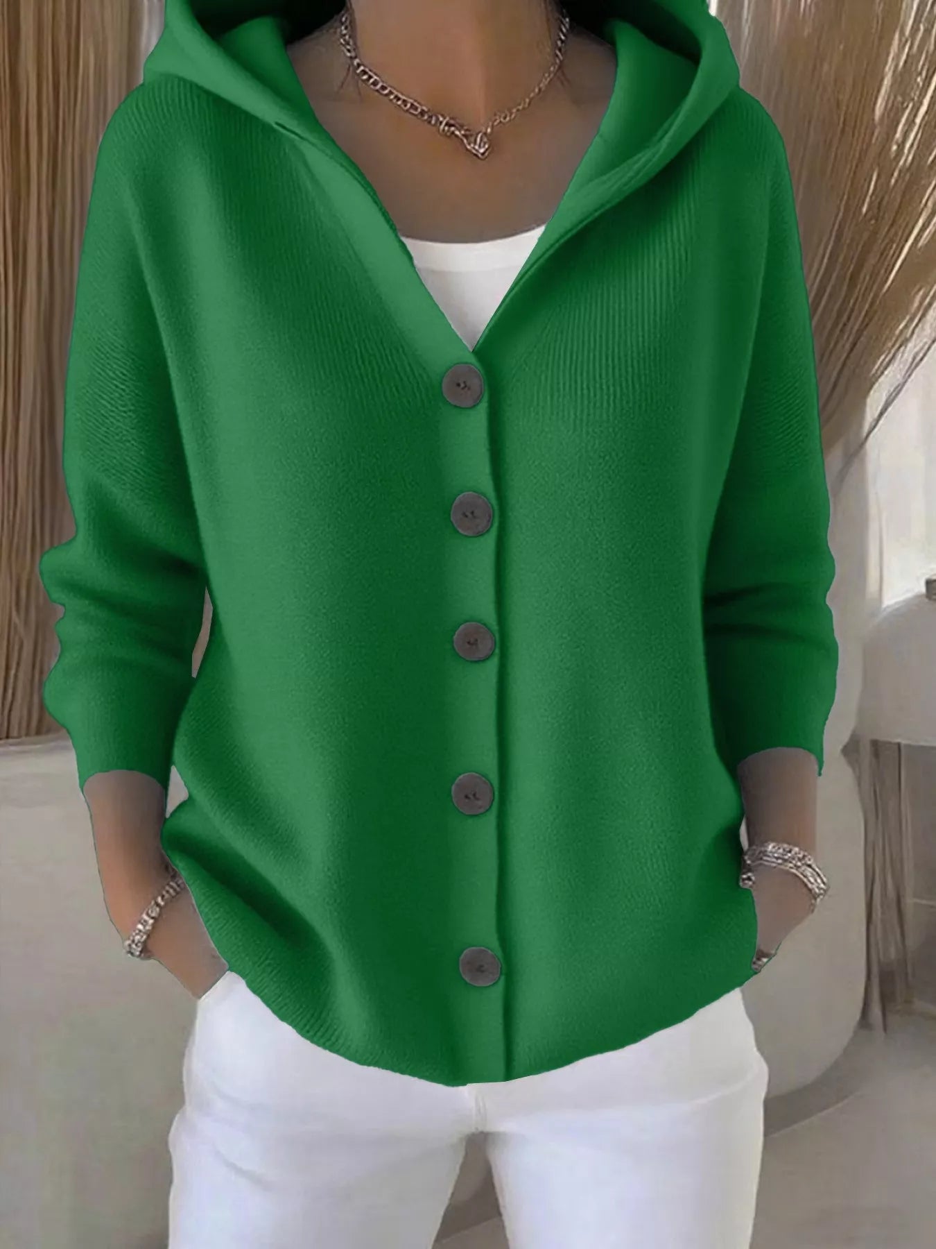 Full Size Hooded Button-Front Soft Knit Cardigan Plus Size Green