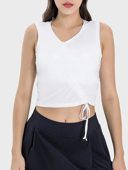 Millennia Drawstring Ruched Wide Strap Active Tank White