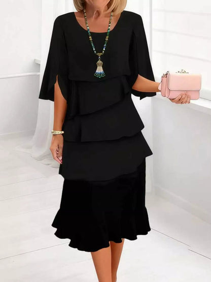 Full Size Ruffle Layered Flutter Sleeve Dress Plus Size Black