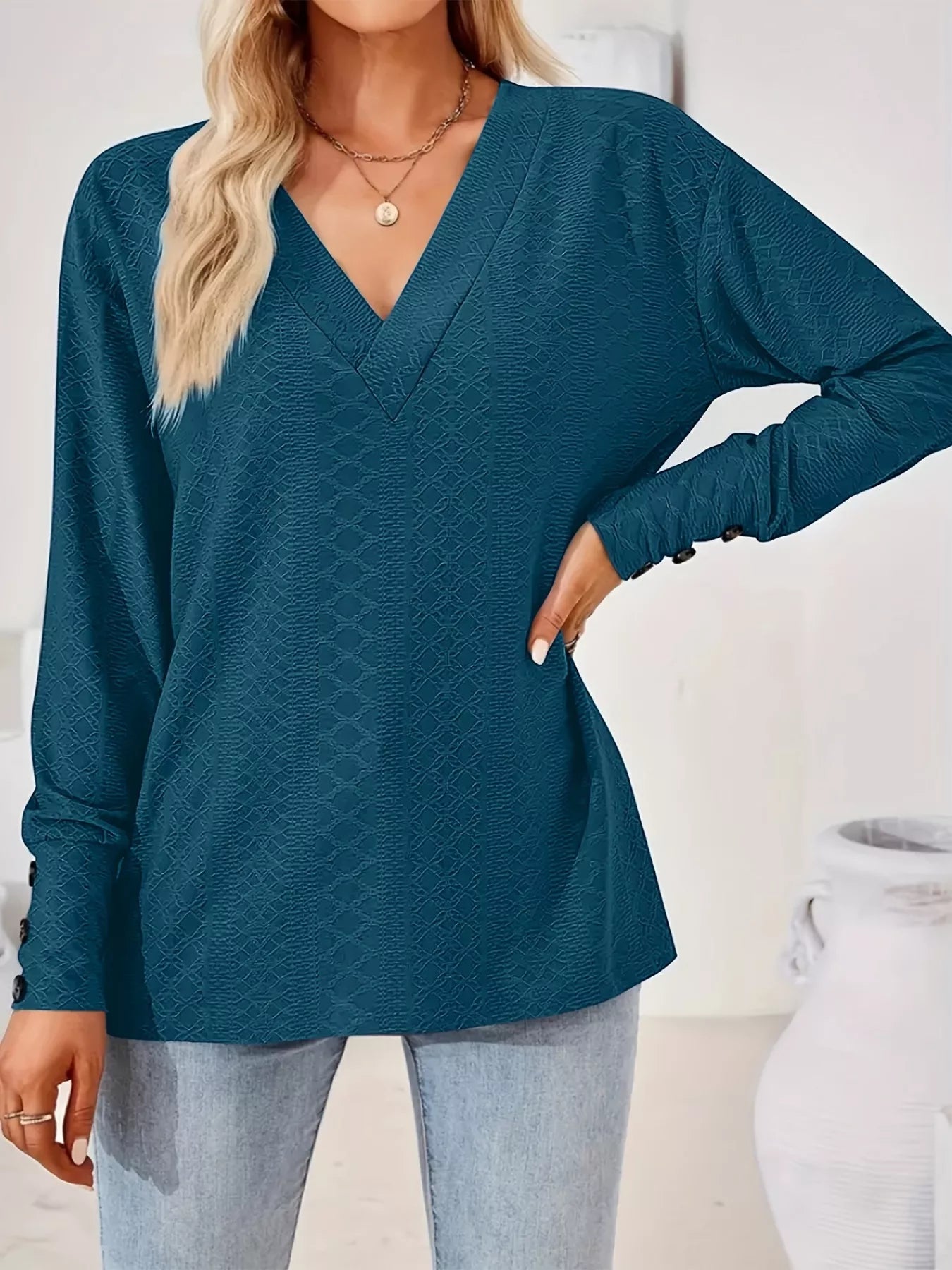 Plus Size V-Neck Textured Long Sleeve T-Shirt