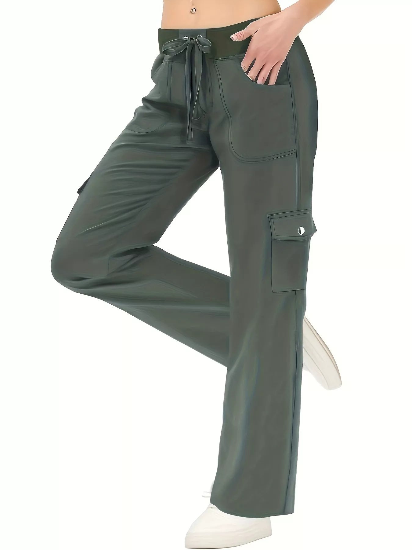 Relaxed Fit Active Pants with Drawstring Waist Army Green