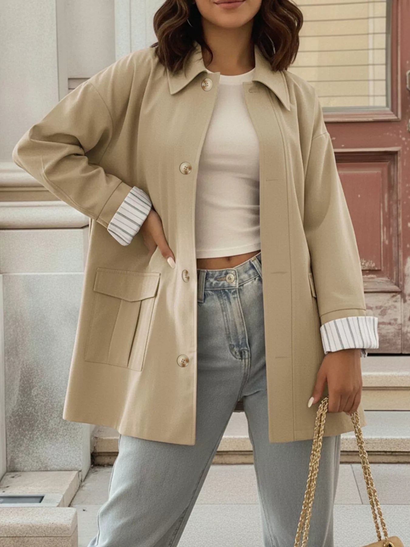 Button-Down Dropped Shoulder Outerwear Khaki