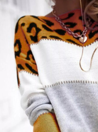 Full Size Leopard Color Block Long Sleeve Sweater Plus Size