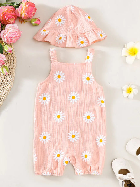 Children's Daisy Textured Wide Strap Romper and Hat Set