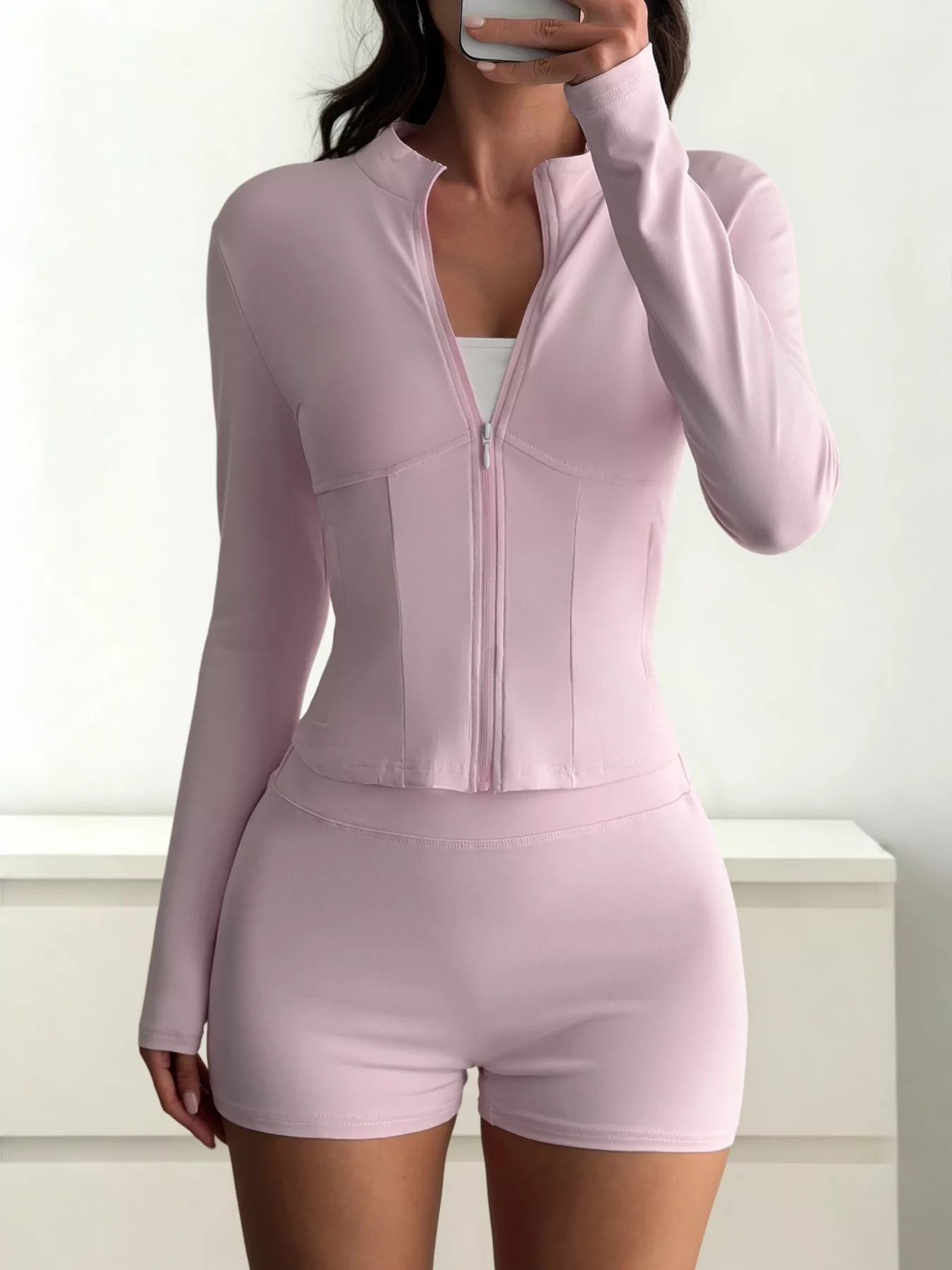Zipper Front Long Sleeve Top and Shorts Active Set