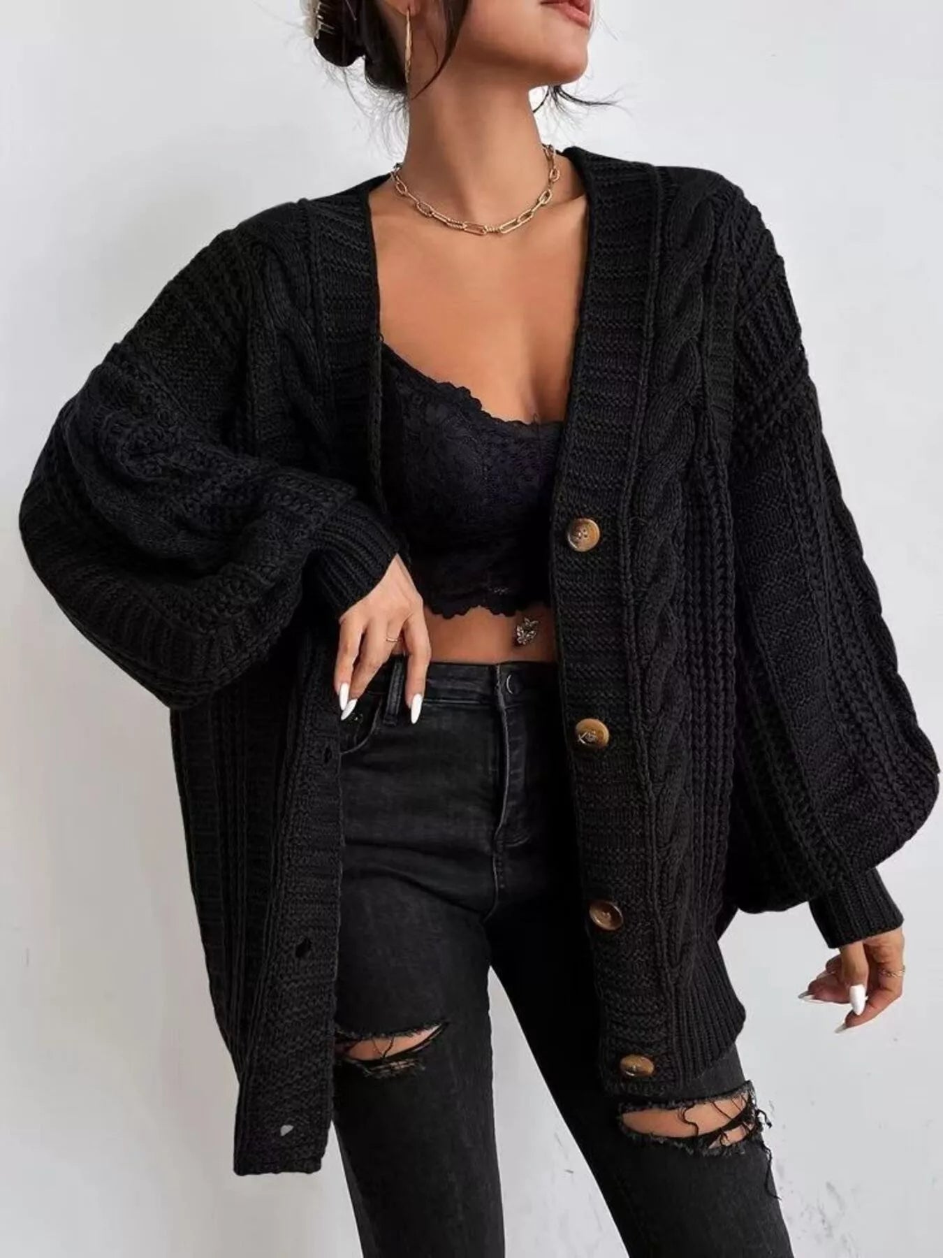 Chunky Knit Cable Knit Button-Up Cardigan