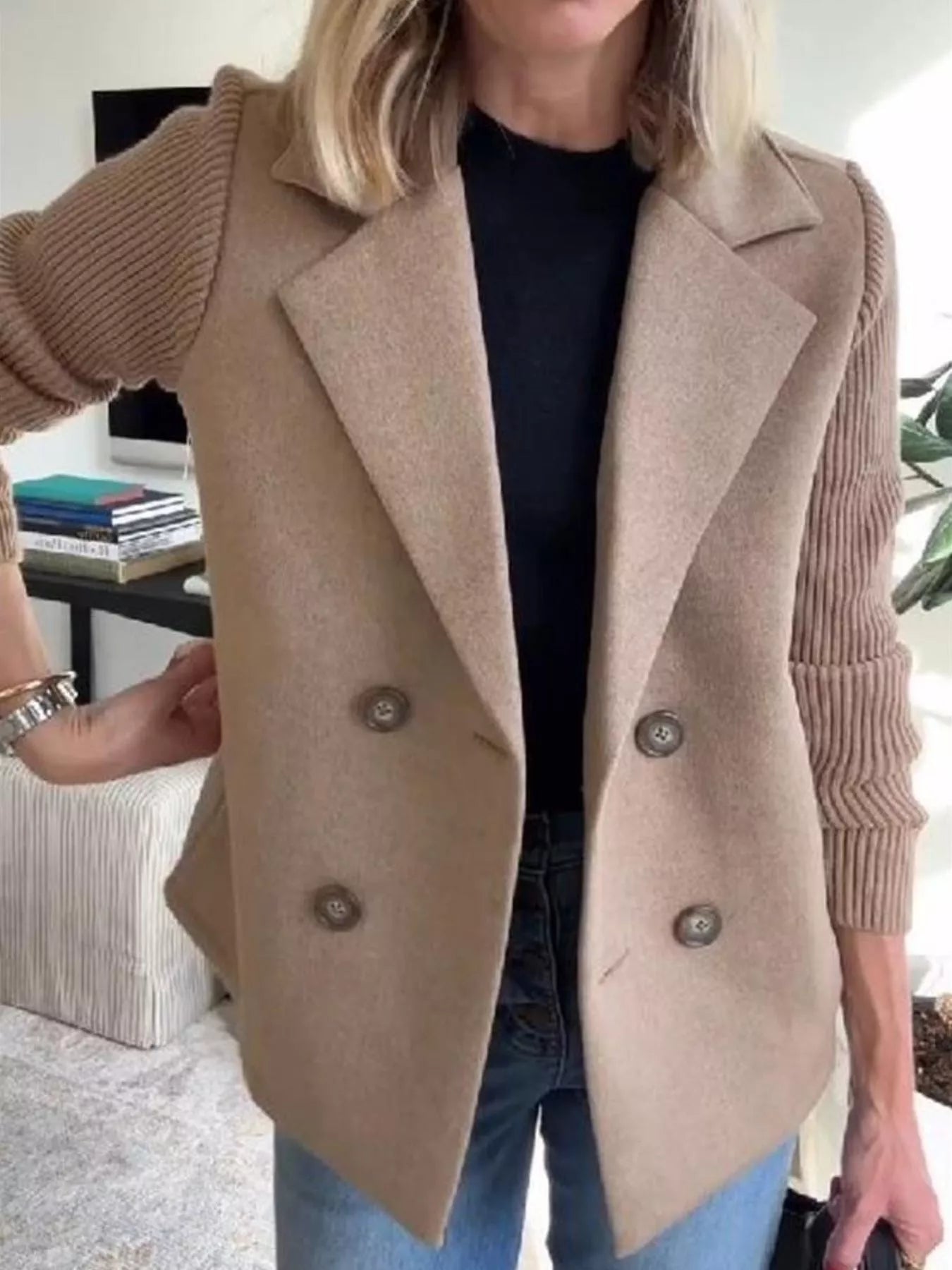Full Size Knit Sleeve Double-Breasted Outerwear Plus Size Taupe