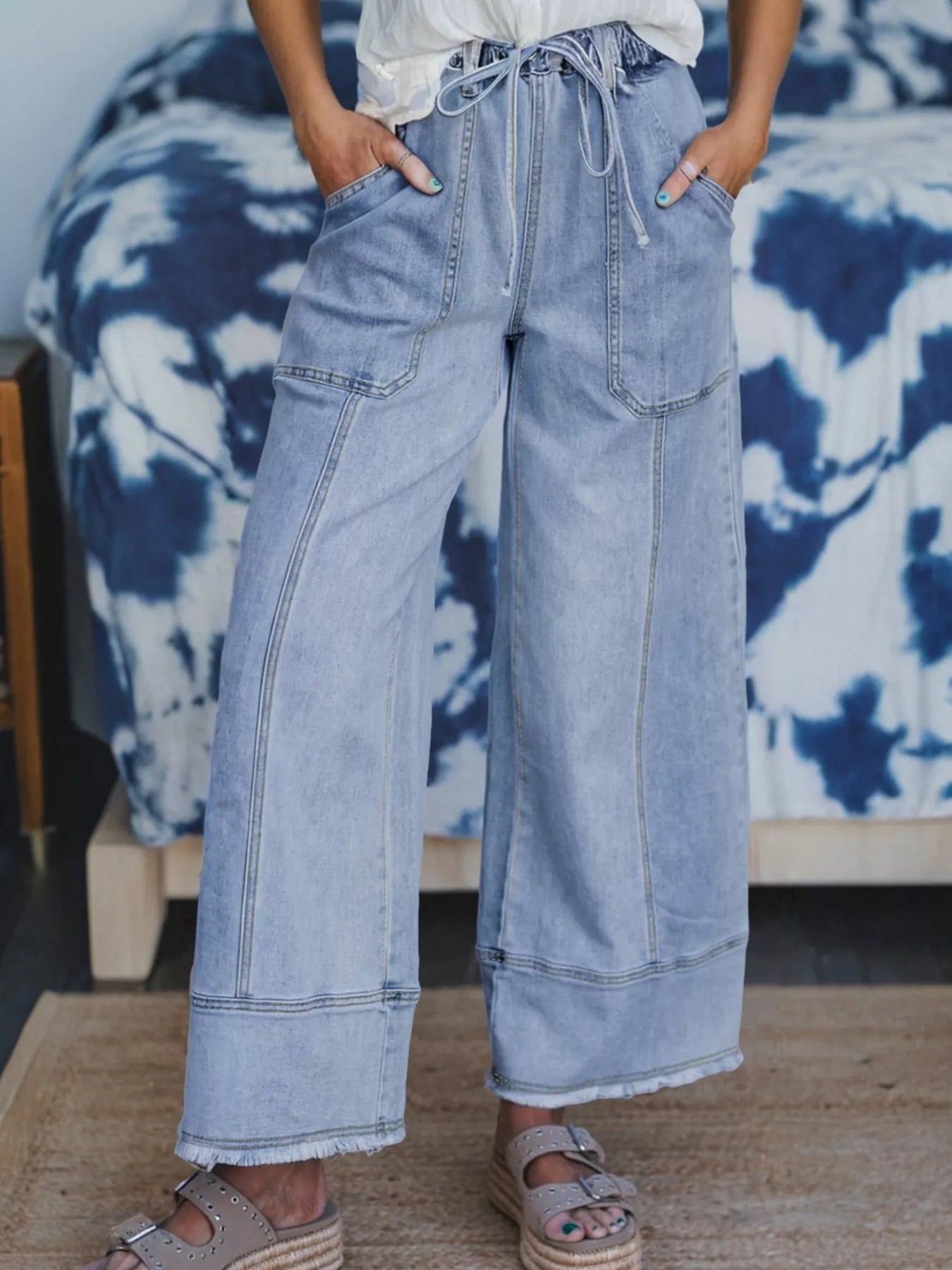 Wide Leg Drawstring Raw Hem Jeans Light Blue