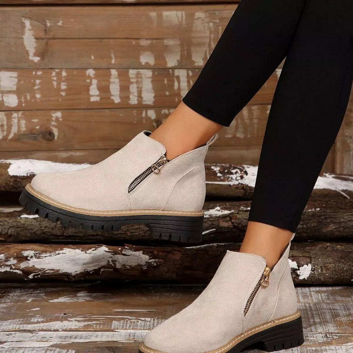 Side Zip Ankle Boots Beige