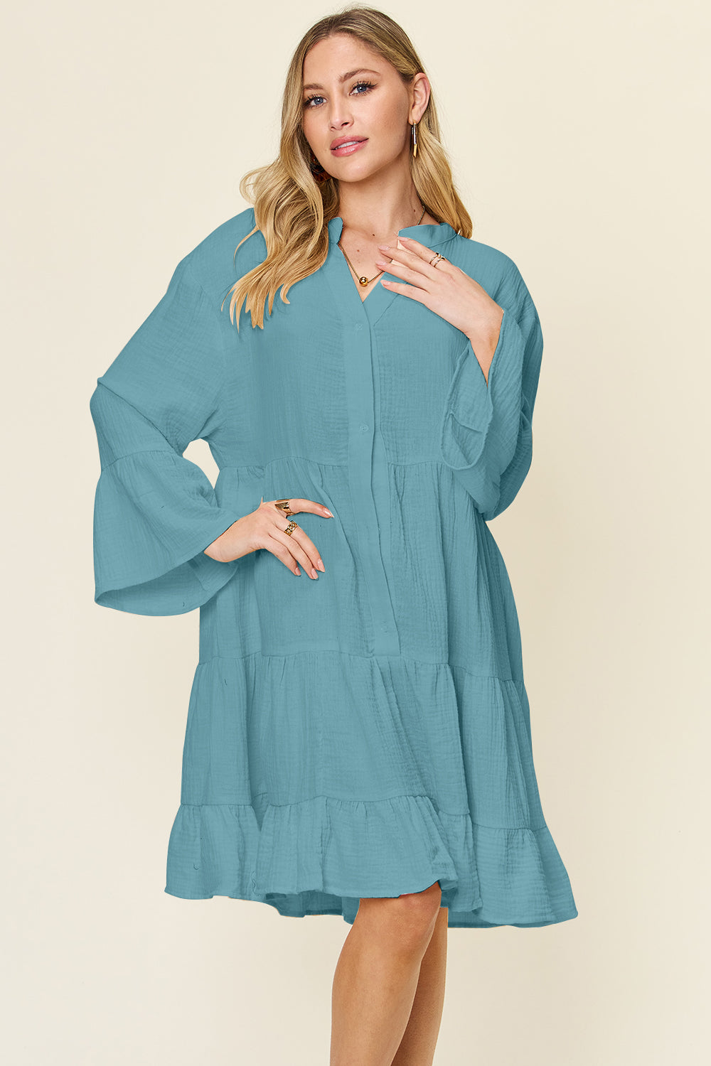 Textured Button-Down Ruffle Hem Dress Azure