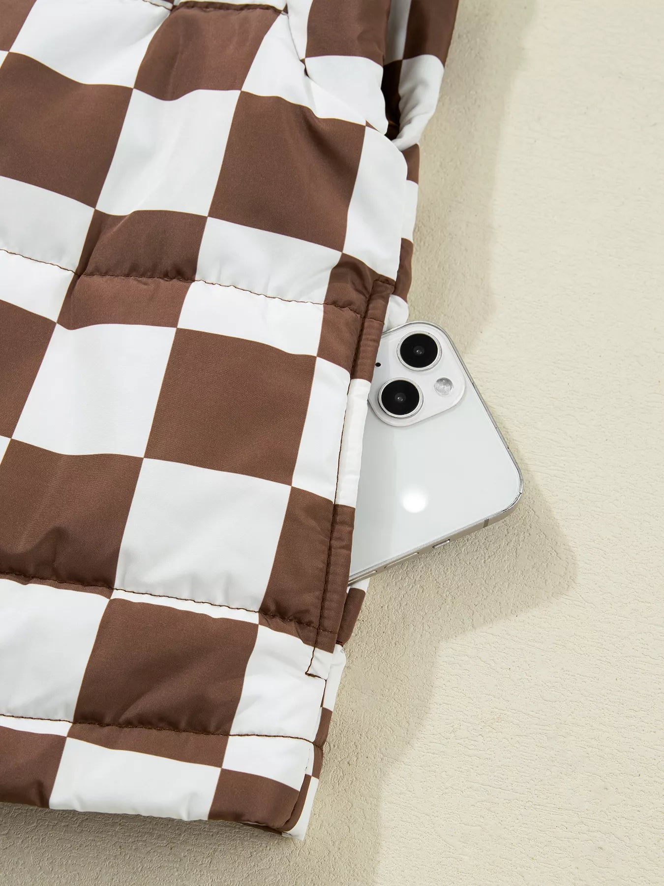 Double Checked Stand Collar Cropped Puffer Vest