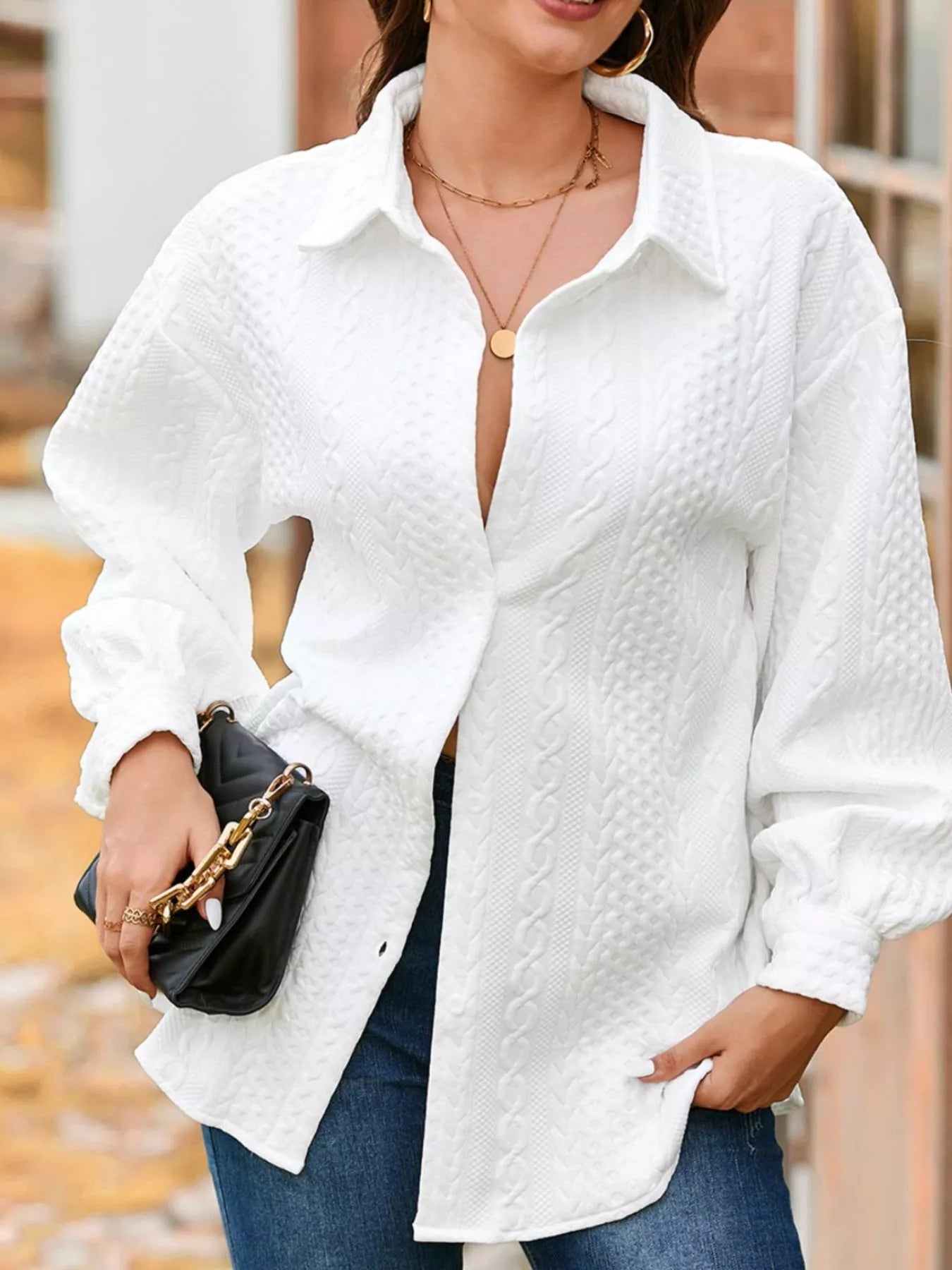 Cable Texture Puff Sleeve Loose Shacket White