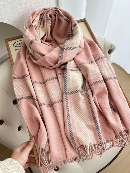 Classic Plaid Pattern Tassel Winter Scarf Pink One Size
