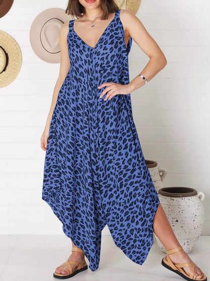 Full Size Leopard Print V-Neck Wide Leg Jumpsuit Plus Size 蓝色