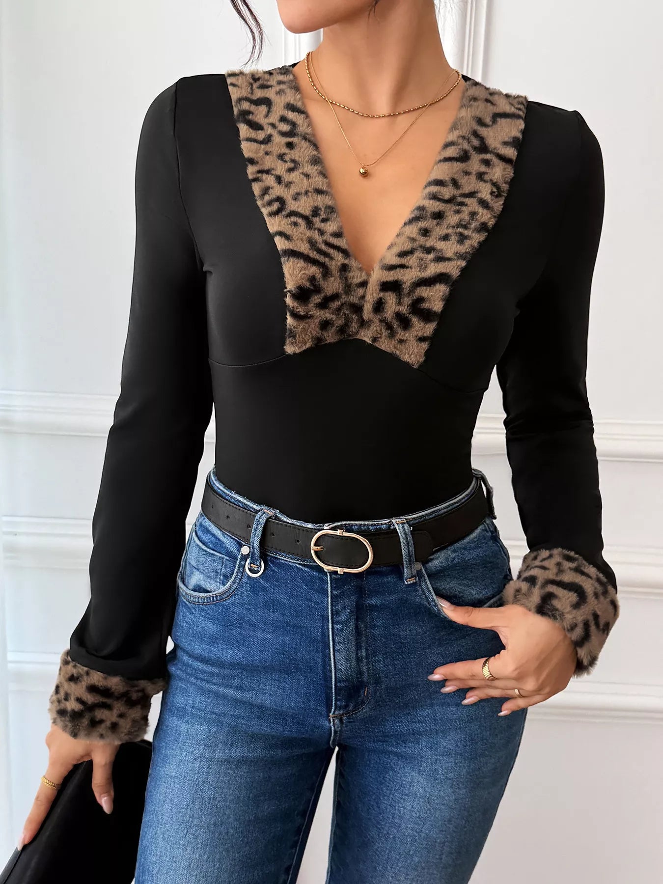Leopard Trim V-Neck Long Sleeve Bodysuit