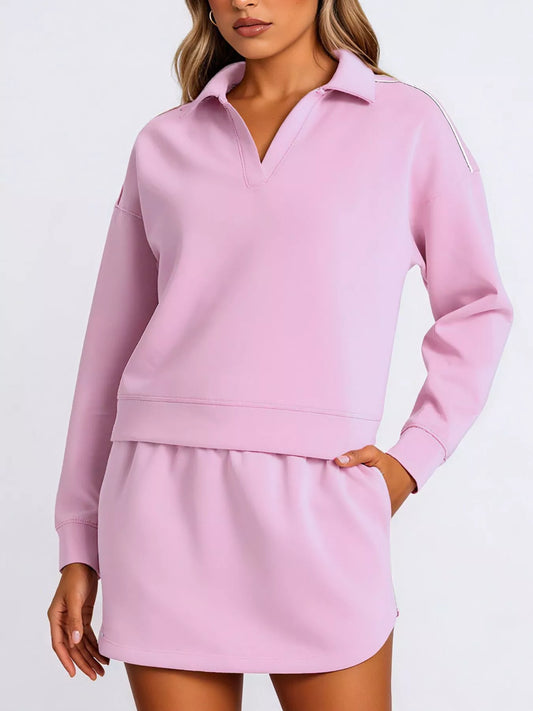 Dropped Shoulder Top and Skirt Set Pink