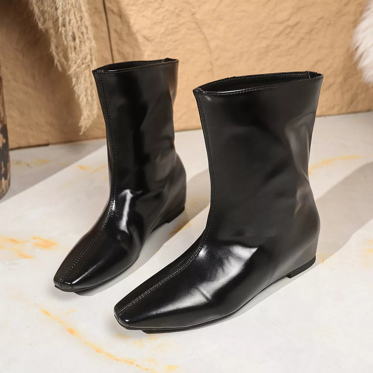 Point Toe Leather Boots Black