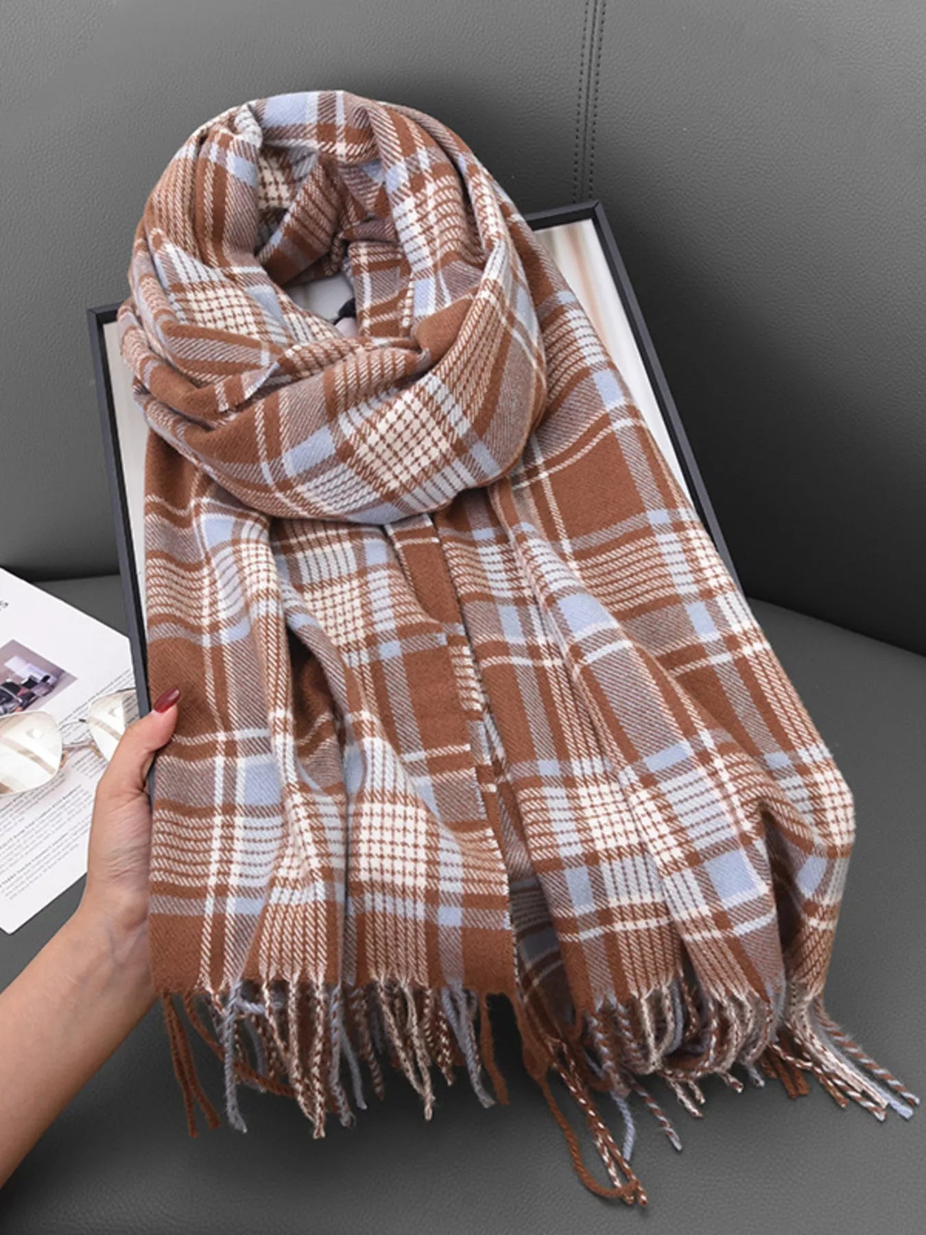 Plaid Tassel Hem Winter Scarf Camel One Size