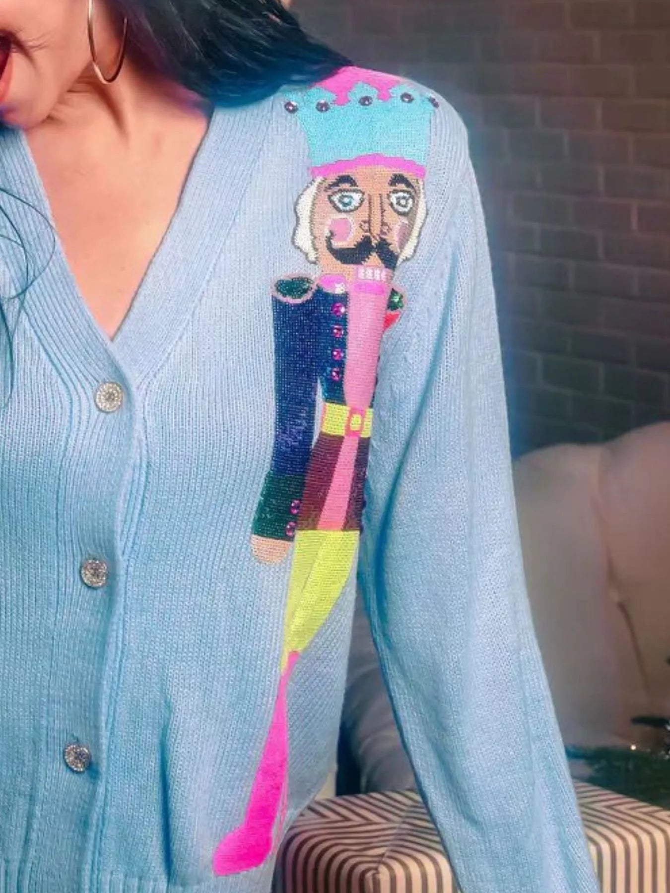 Nutcracker Ribbed Hem V-Neck Cardigan