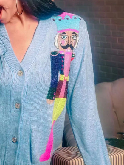 Nutcracker Ribbed Hem V-Neck Cardigan