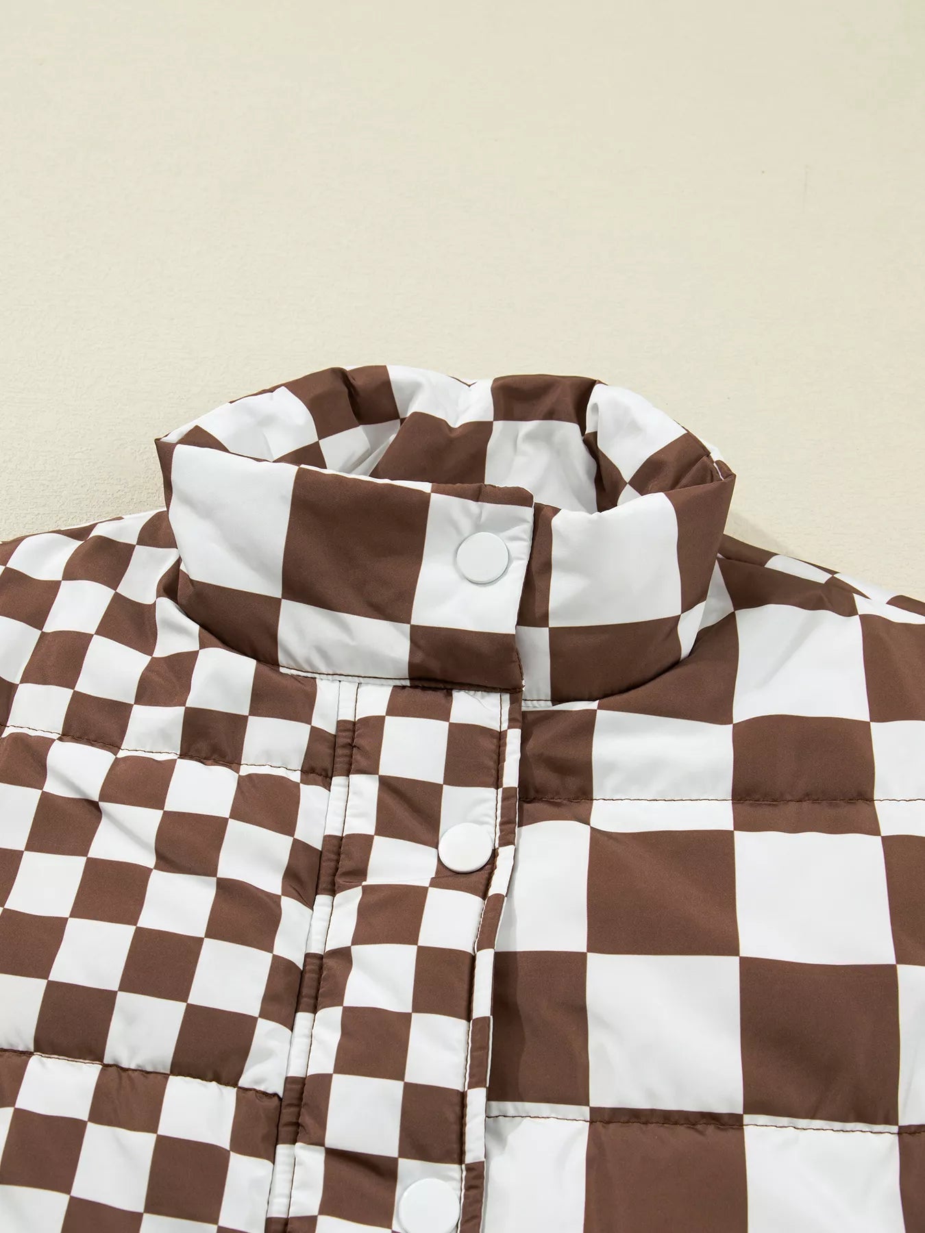 Double Checked Stand Collar Cropped Puffer Vest