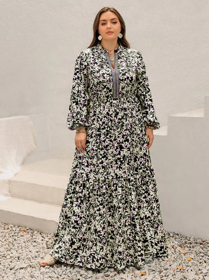 Plus Size Floral Print Long Sleeve Tiered Maxi Dress Black