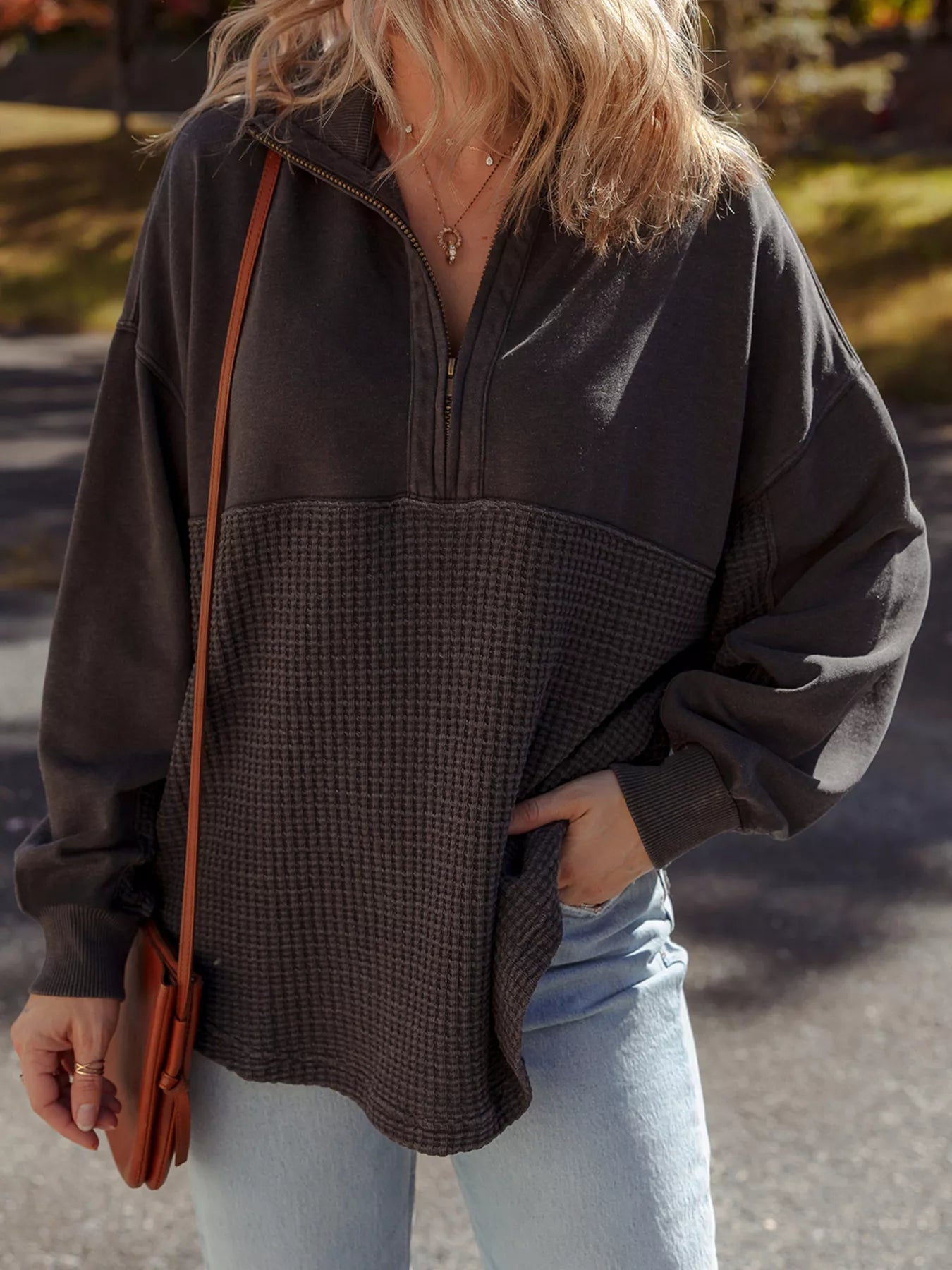 Waffle Knit Patchwork Half Zipped Casual Sweatshirt