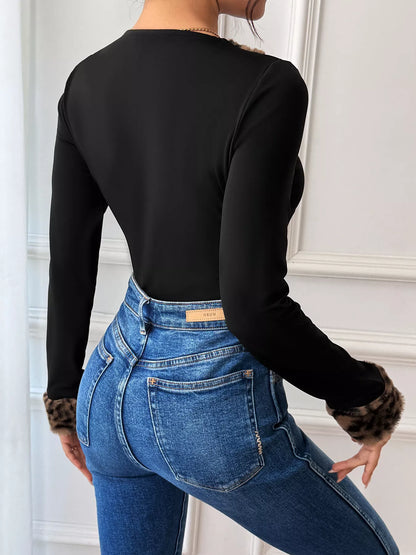 Leopard Trim V-Neck Long Sleeve Bodysuit