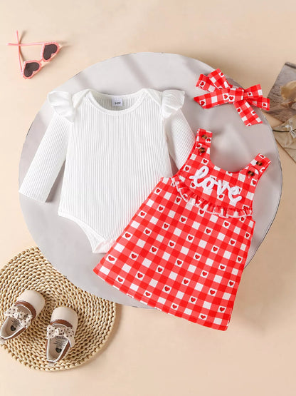 Children's Ruffled Bodysuit and Gingham Dress Set with Headband