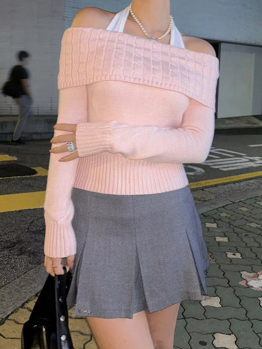 Off-Shoulder Cable Knit Sweater Pink